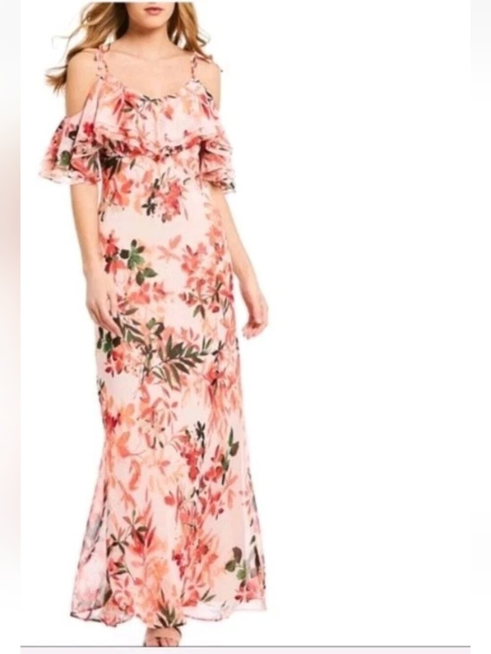 Calvin Klein Flounce Floral Maxi Dress Wedding Guest Homecoming Pink White 14